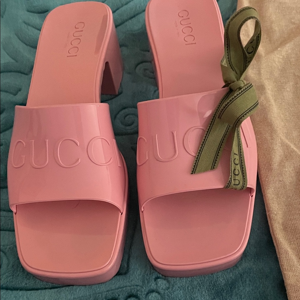 Gucci Pink Mules with Green Accent